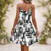 Women Plus Size Black White Printed V Neck Strappy Sleeveless Gathered Waist Flared Dress