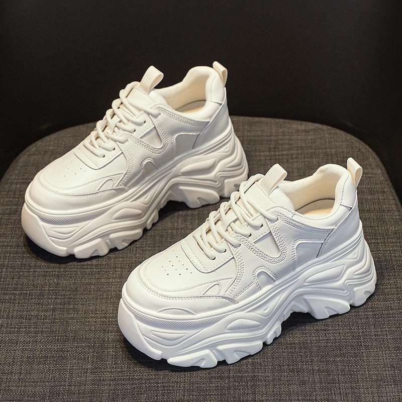 White Chunky Platform Sneakers Ultra Thick Sole Height Increasing Casual Shoes Lace Up Lightweight Non Slip For Daily School