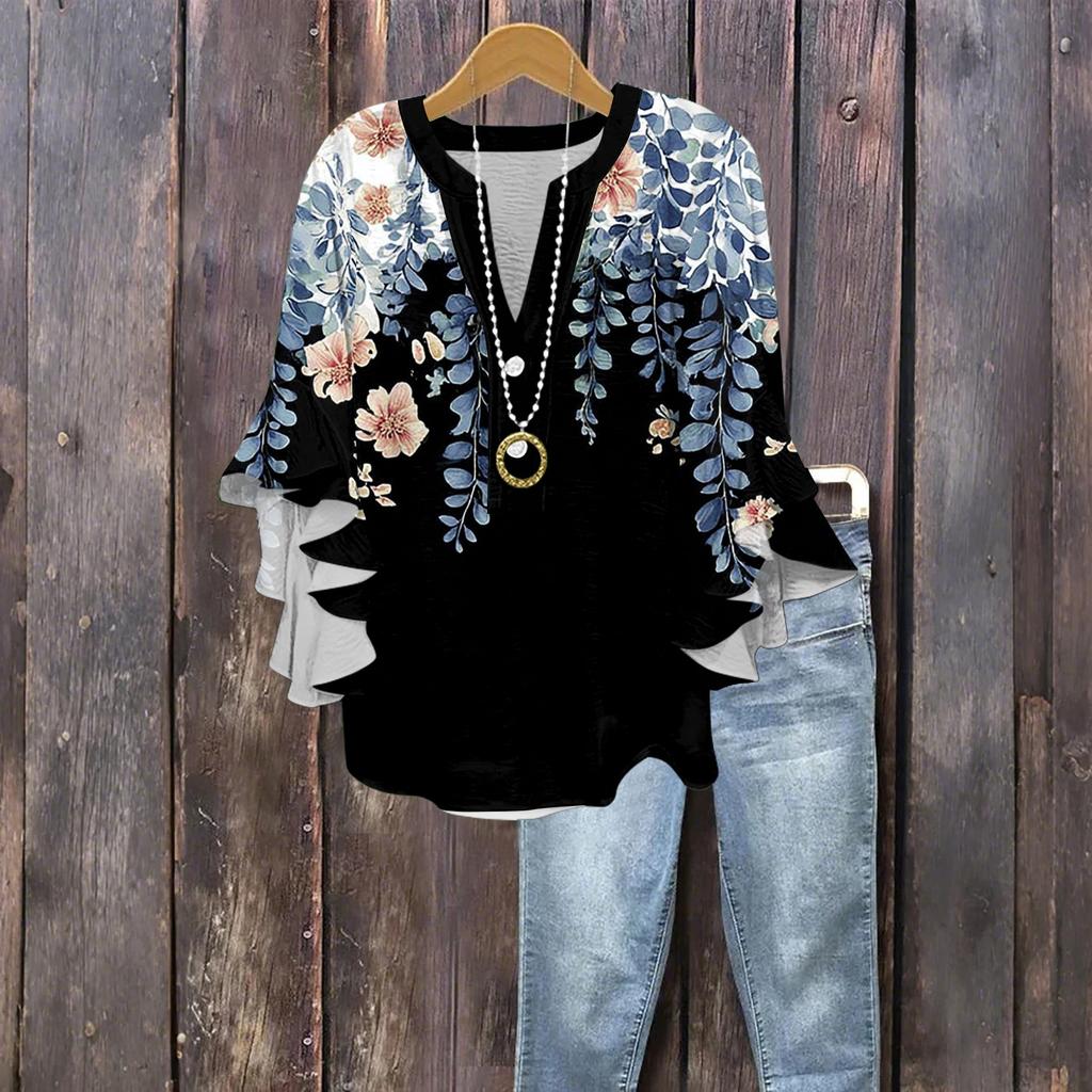 Women's Fashion Button V-Neck Ruffle Seven Sleeve Blouse Floral Printed Top