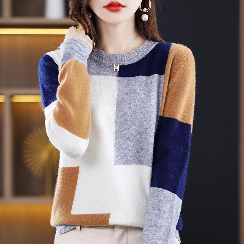 Women's 100% Pure Wool Patchwork Sweater - Round Neck Knitwear for Autumn/Winter 2025