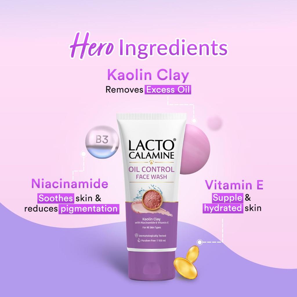 Lacto Calamine Face Wash For Oily Skin 100 ml x Pack Of 2 Oil Control Cleanser With Kaolin Clay Niacinamide Vitamin E