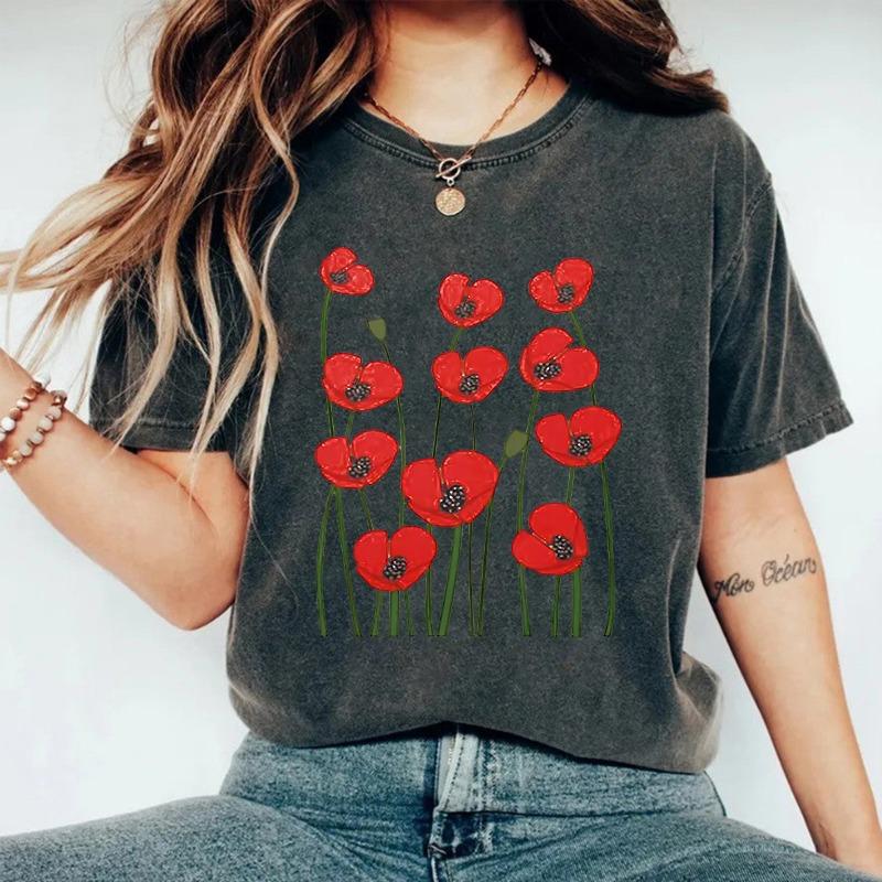 

Футболка с круглым вырезом и короткими рукавами из чистого хлопка, выстиранная и состаренная, с цветочным узором, летняя, новая, удобная L чёрный