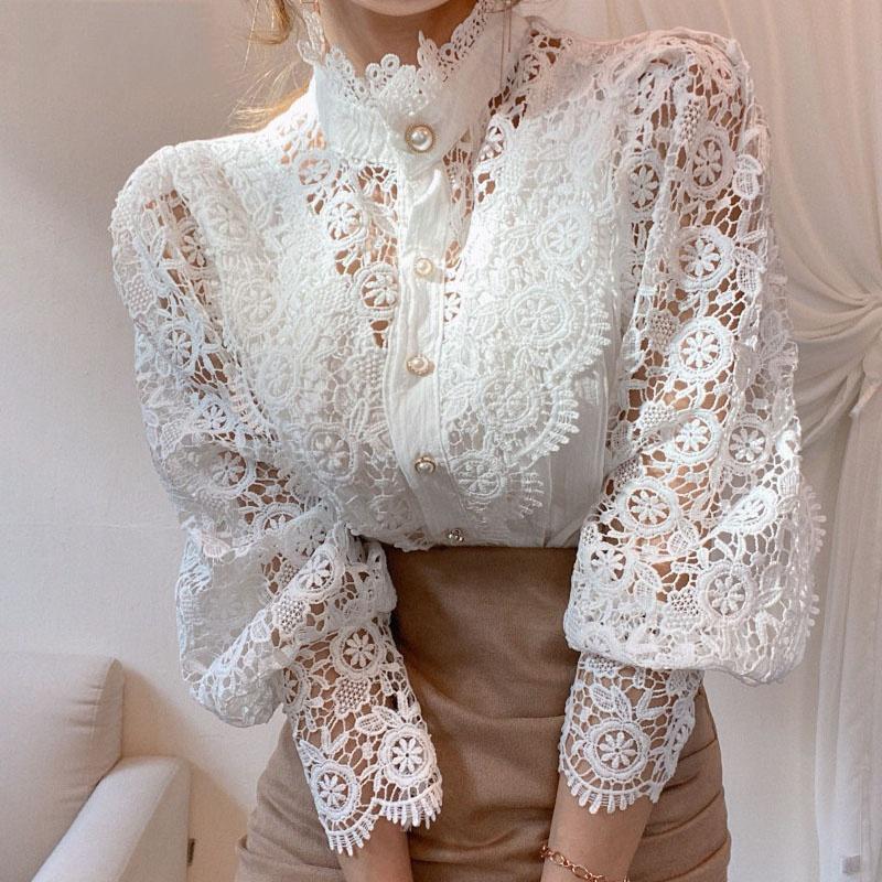 Chic Hollow Out Flower Lace Shirt Stand-Collar All-Match Summer
