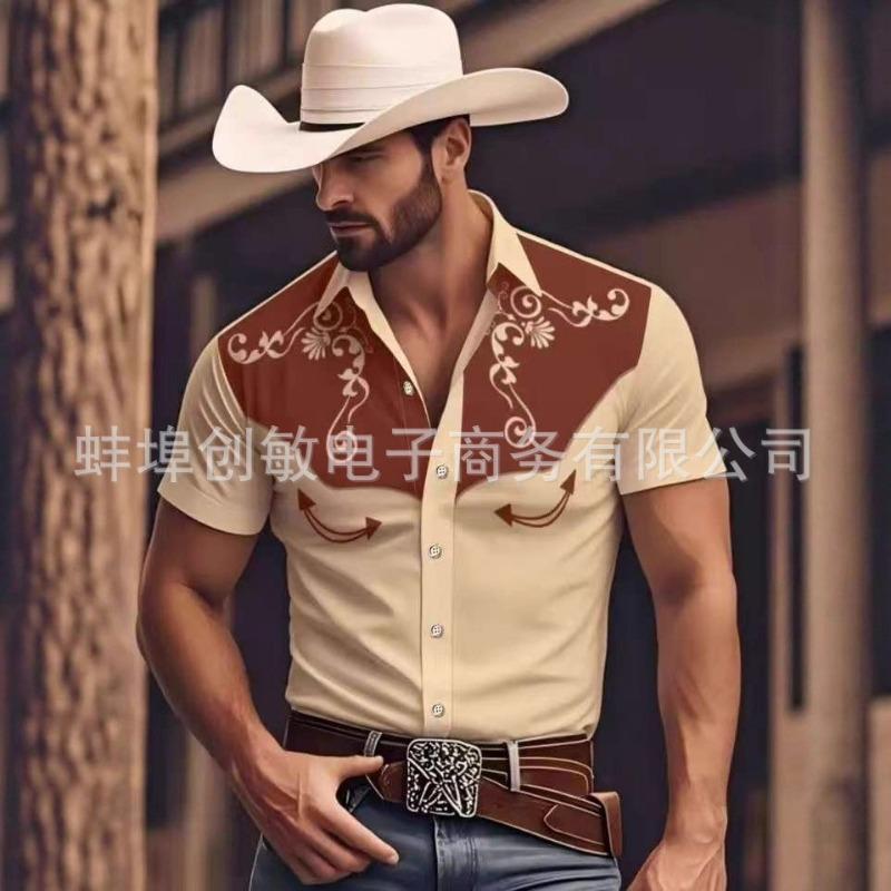 Men's Red Western Style Embroidery Short Sleeve Summer Shirt