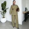 Cross-border European and American Women's Clothing  Amazon Stand-up Collar Casual Button Lantern Sleeve Top Fashion Wide-leg Pants