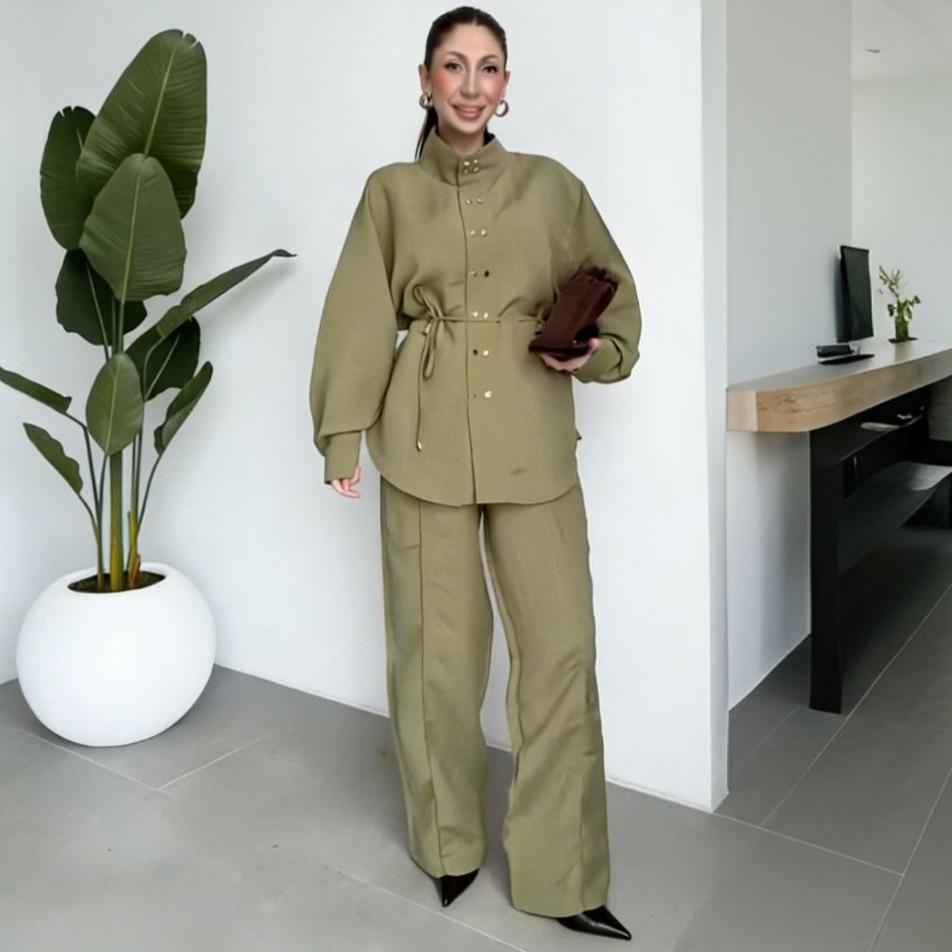 Cross-border European and American women's clothing Amazon stand-up collar casual button lantern sleeve top fashion wide-leg pants