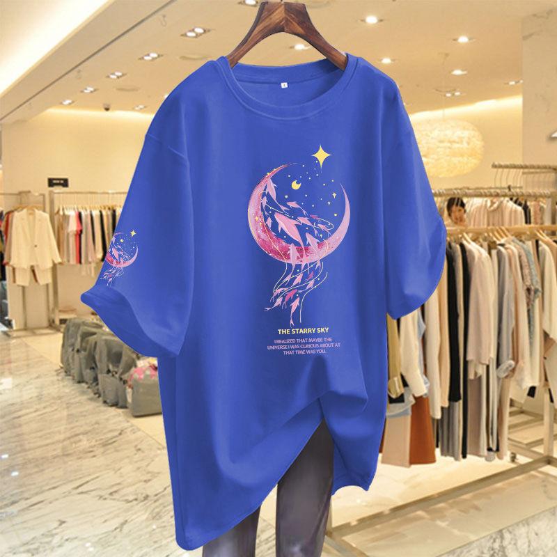 

Лето 2024 Футболки с круглым вырезом из чистого хлопка свободного кроя средней длины с трендовым принтом, удобные и универсальные, женская одежда M синий