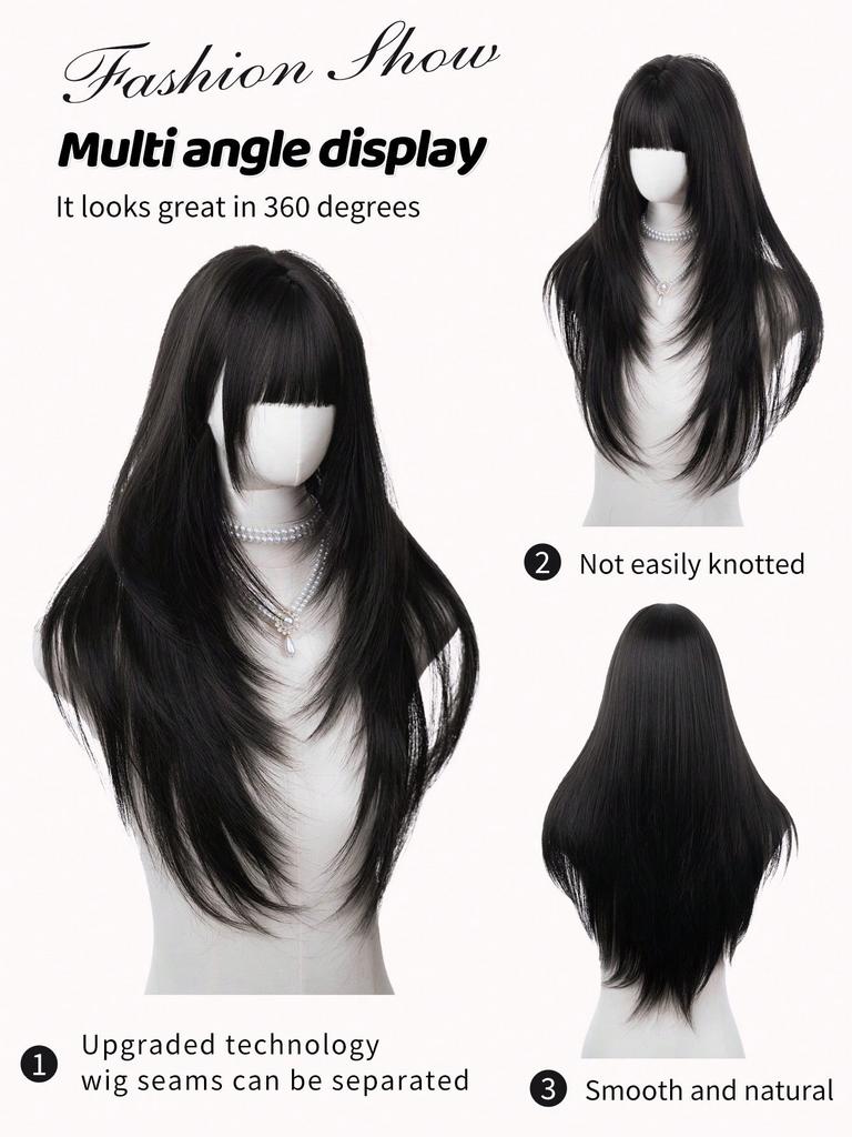 Ashely Black Brown Synthetic Heat-Resistant Straight Hair Wigs with Bangs Suitable for Daily Use Natural and Realistic False Wig