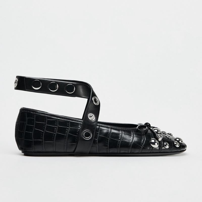 

Fashion Women Fashion Rivet Ballet Flats Bow Decoration Punk Style Soft Leather Strap Mary Jane Shoes for Women Cozy Dance Casual Shoes 41 чёрный