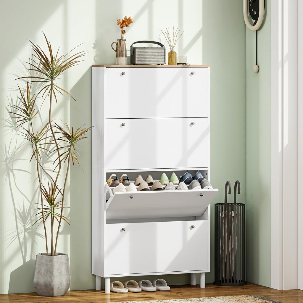 Shoe Cabinet 32 Pairs With 4 Flip Drawers Adjustable Shelves Modern 80 X 23.5 X 157 Cm White