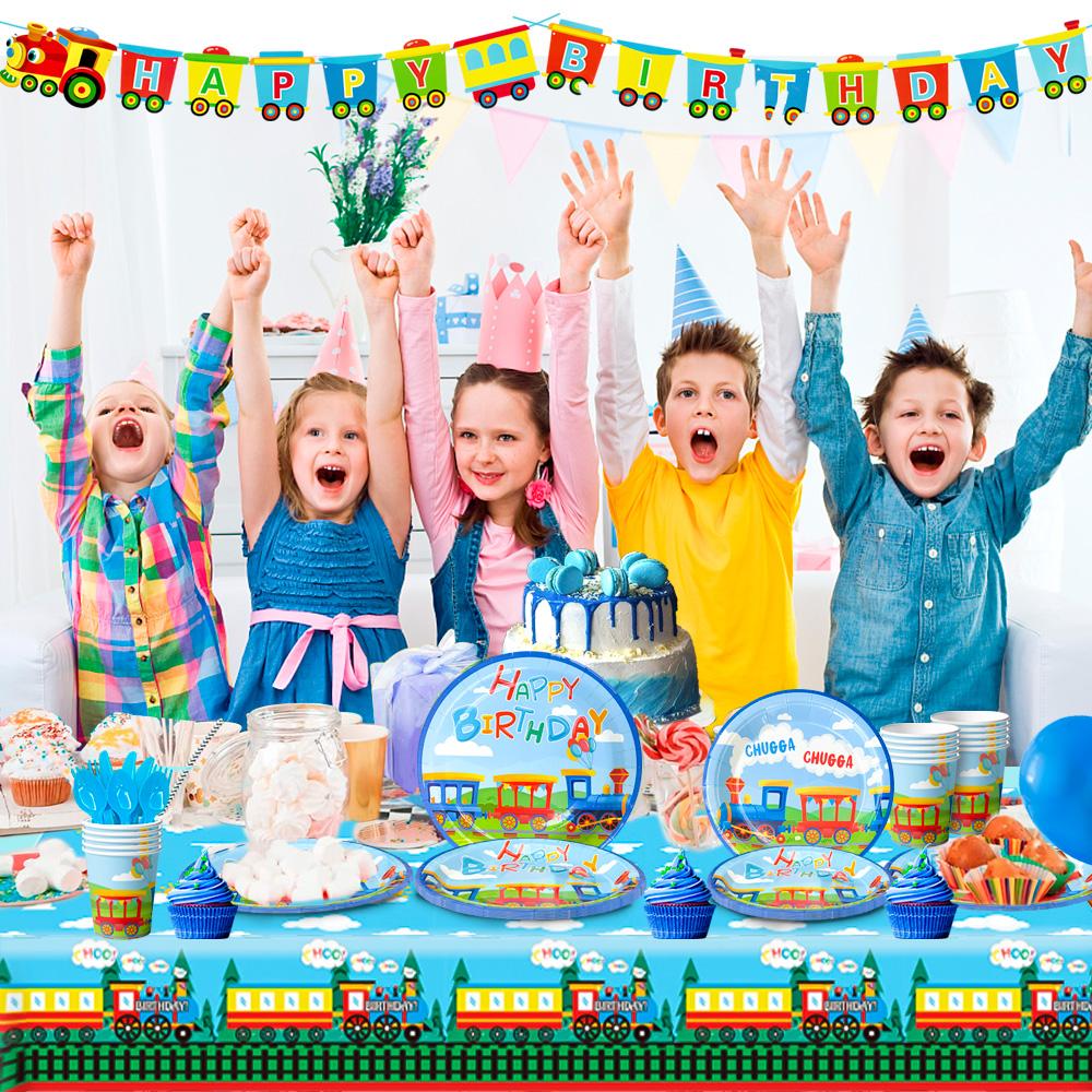 128pcs Train Birthday Party Supplies, Train Party Decorations Tableware Set - Train Plates and Cups Napkins & Train Birthday Banner Tablecloth etc