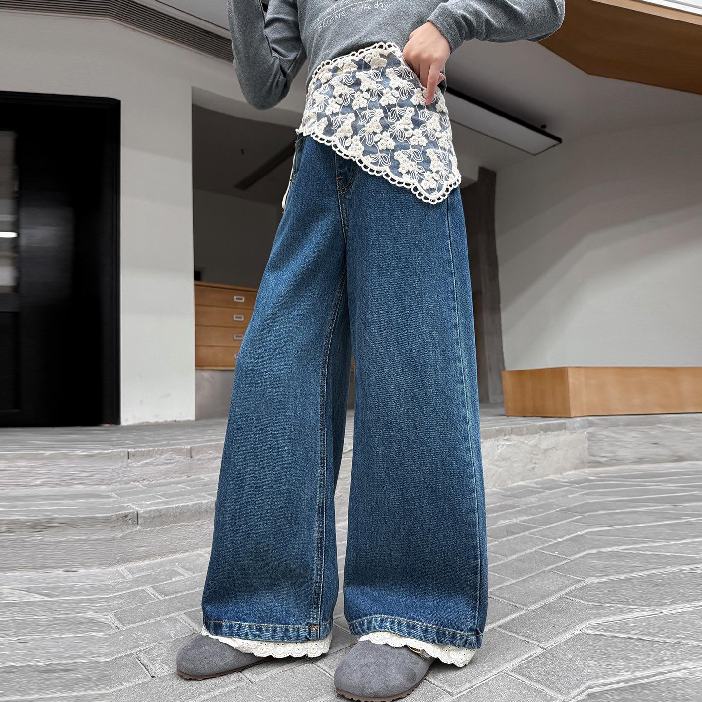 

Девичьи джинсы с широкими штанинами и кружевом - Повседневные брюки для детей на весну/осень 2025 140 cm синий