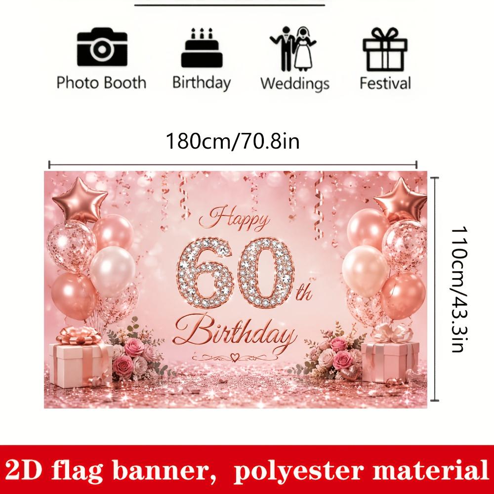 Rose Gold 60th Birthday Party Backdrop Banner, Rhinestone Number 60 Balloons Gifts Roses Glitter Photo Background, Polyester Wall Decor