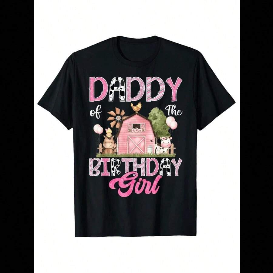 180G Pure Cotton Single-Sided Printed Round Collar Short-Sleeved T-Shirt Birthday Dad Girl Farm Cow Pink 1St Birthday T-Shirt 4XL