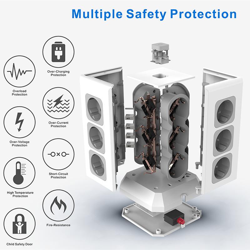 Vertical Tower-Style European-Standard Power Strip with USB Ports; European and German-Standard Multifunctional Smart Desktop Power Strip