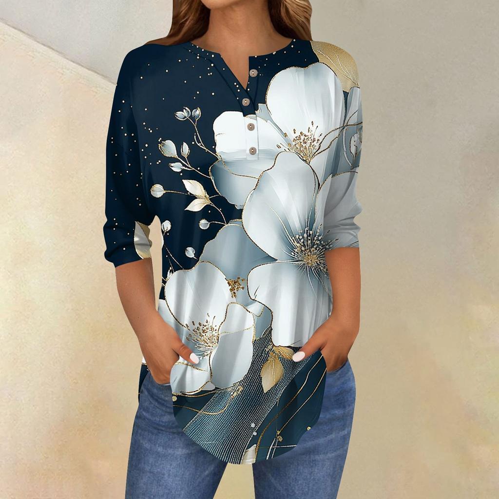 Damska Moda Luźny Kołnierzyk na Guziki Nadruk Rękaw 3/43/4 T-Shirt Top Pulower