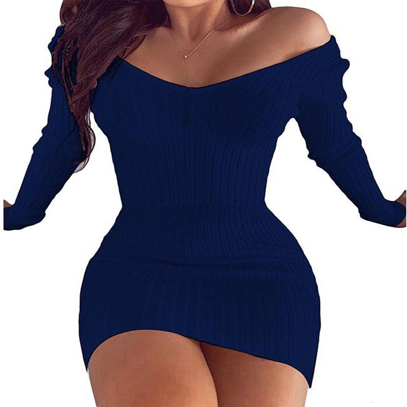 Autumn and Winter Women's V Neck Long Sleeves Slim Thin Hip Dress Warm Sweater