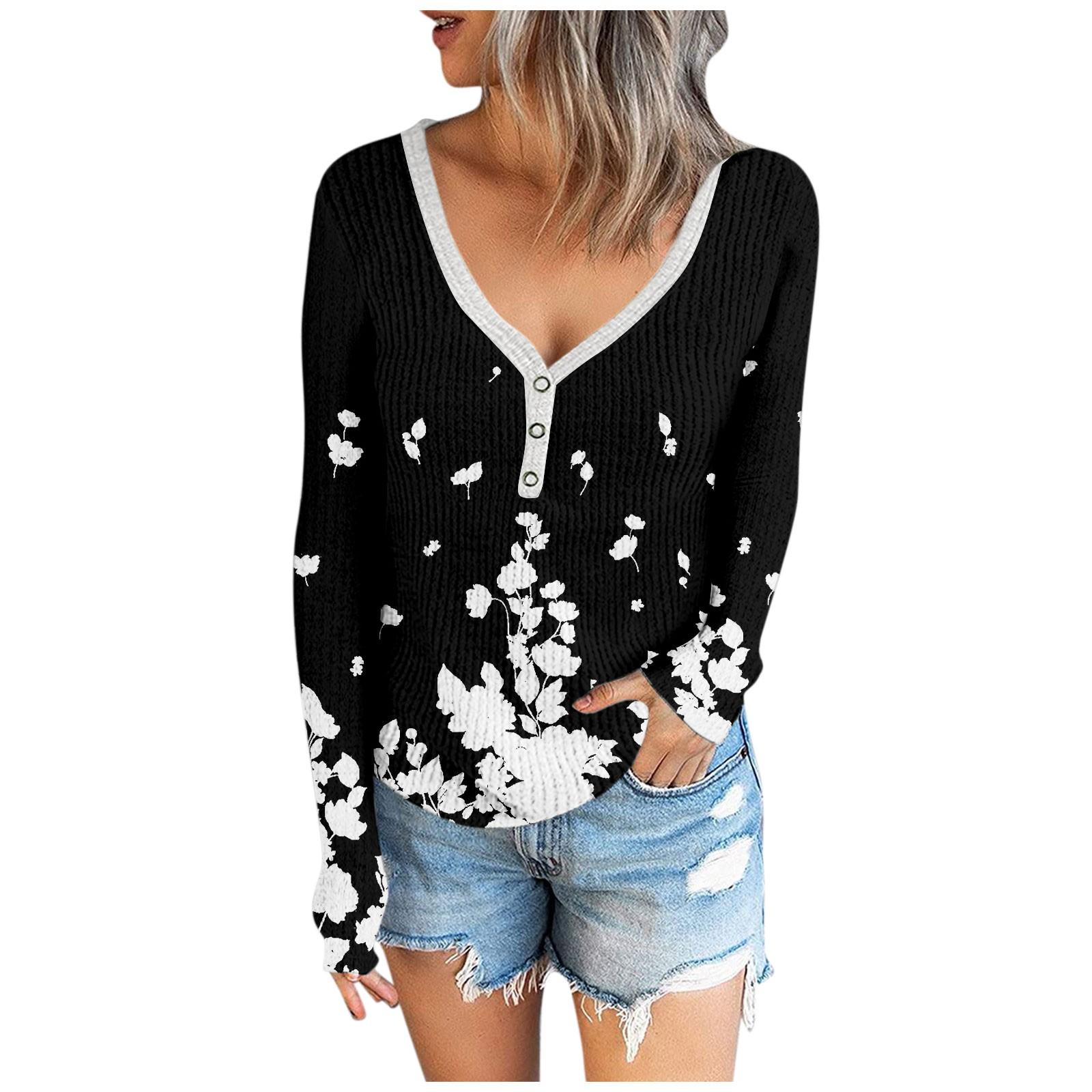 Women s Long Sleeve Ribbed Knit Top with Button Front V Neck Casual Lightweight Pullover Shirt for Daily Wear S чёрный