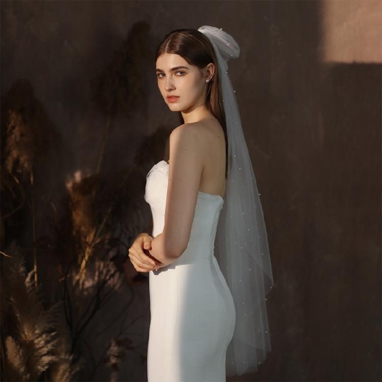 Flower Girl Veil Pearls Bow Hair Wedding Headpeice White Sheer Head Covering