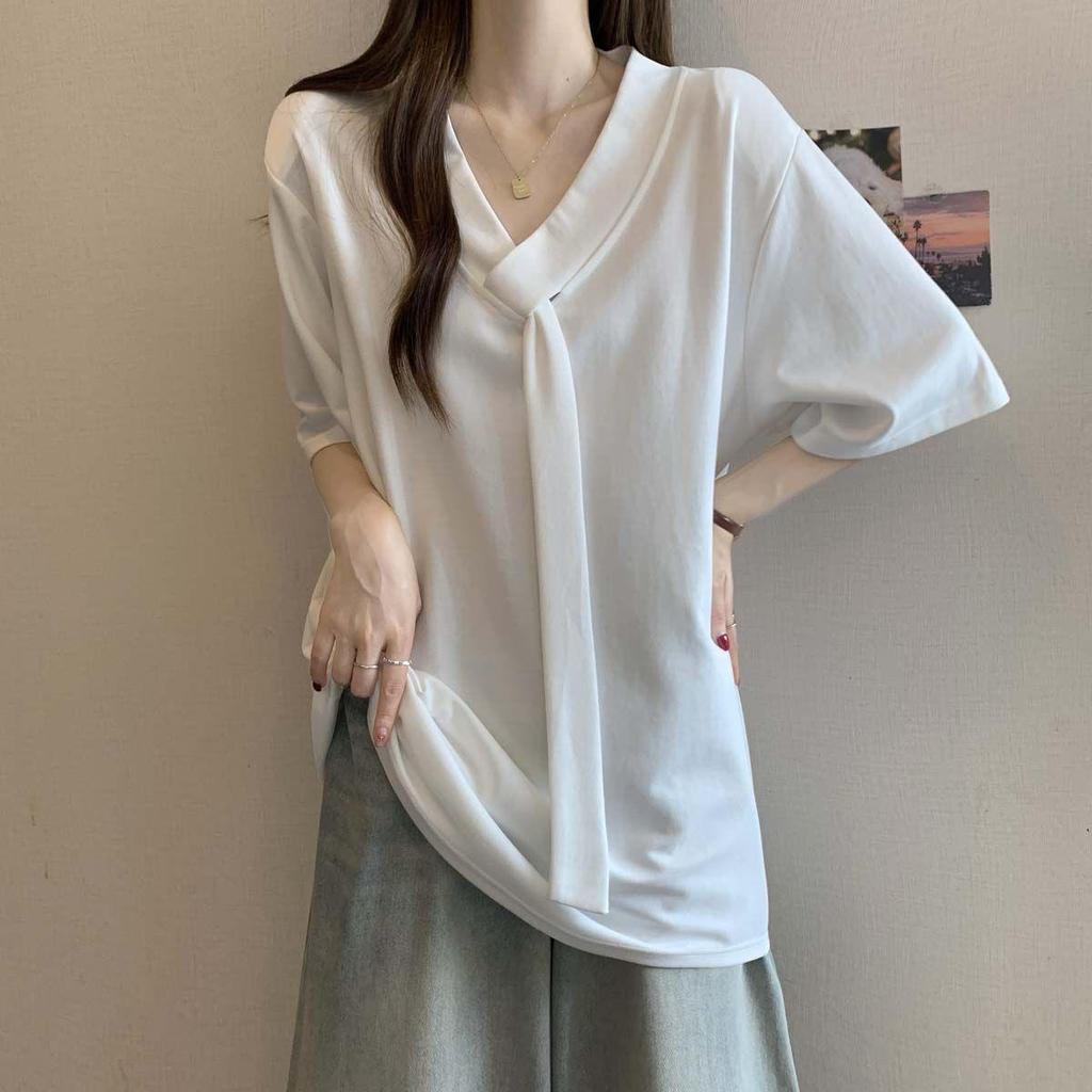 Women's Plus Size Lace-Up V-Neck Short Sleeve T-Shirt - 2025 Summer Loose Fit, Slimming, Versatile Fashion