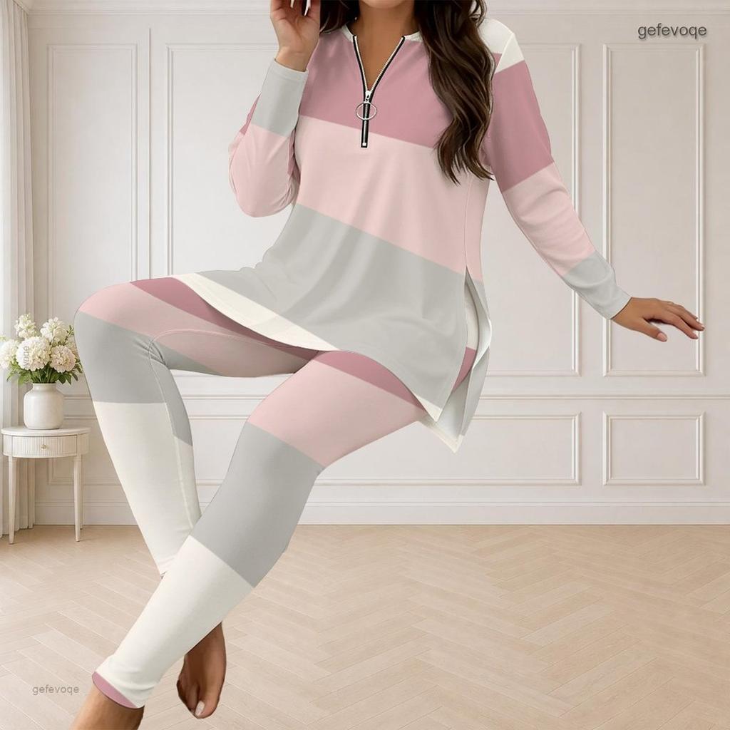 Women Plus Size Purple Gray White Printed Half Zip Long Sleeve Longline Top Fitted Pants Two Piece Set