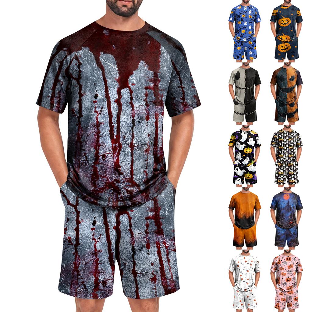 Men's Halloween Casual Lounge Pajama Set Short Sleeve Top and Shorts Comfortable Fit Lightweight Soft Fabric Relaxed Style