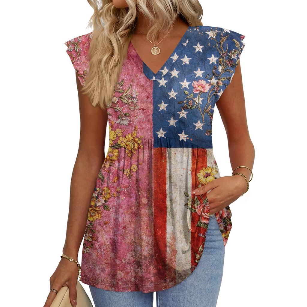 Women’s V Neck Short Sleeve Tunic Top with Flag and Floral Print Loose Fit Soft Fabric Casual Blouse for Summer