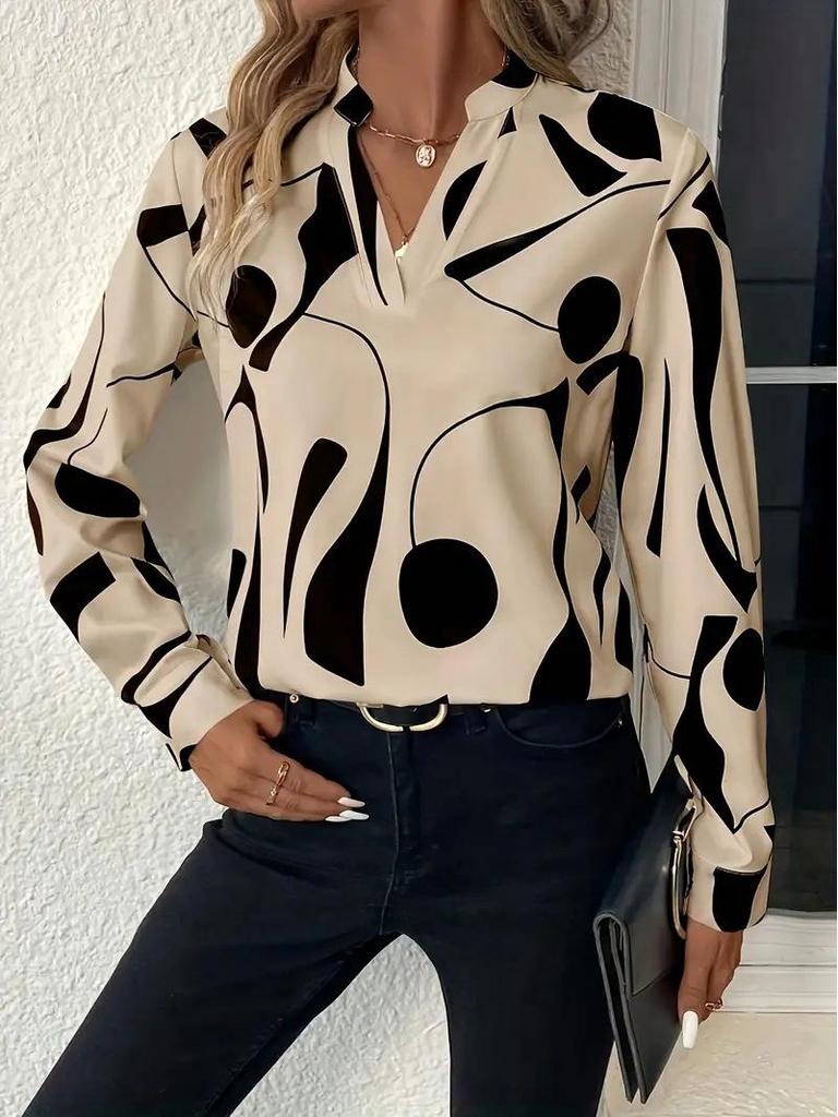 Women's Printed Cut-out Collar Casual Long Sleeve Shirt