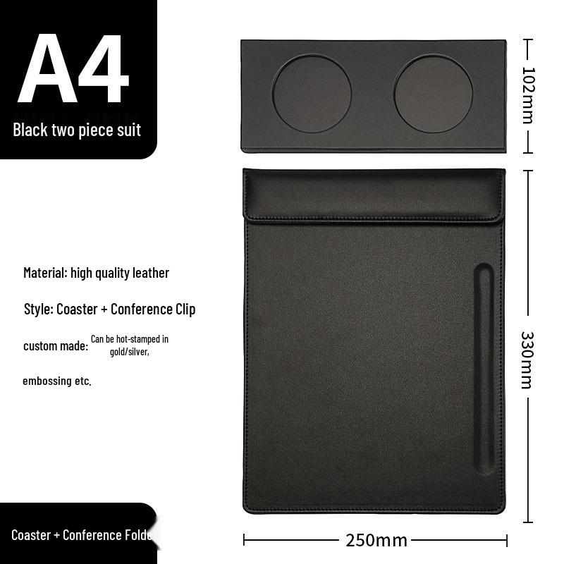 A4 Leather Meeting Mat with Magnetic Clip and Coaster Set