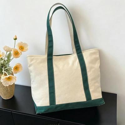 1 Stück Farbiger Rand Leinwand-Tragetasche Große Kapazität Lässige Schulter-Handtasche Wiederverwendbare Einkaufstasche Für Reisen Outdoor-Nutzung