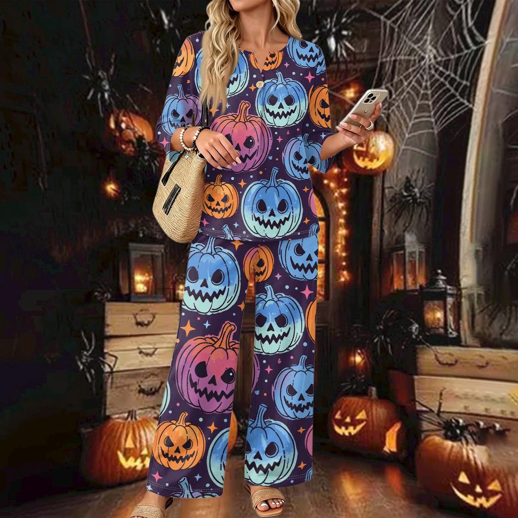 Women's Casual Button Down 3/4 Sleeve Top and Wide Leg Pants Two Piece Set