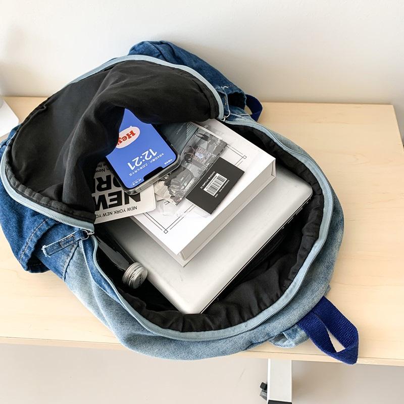 Schoolbag Large Capacity Backpack Gradual Change Travel Denim Student Schoolbag Korean Old Retro Casual Washed Denim Backpack