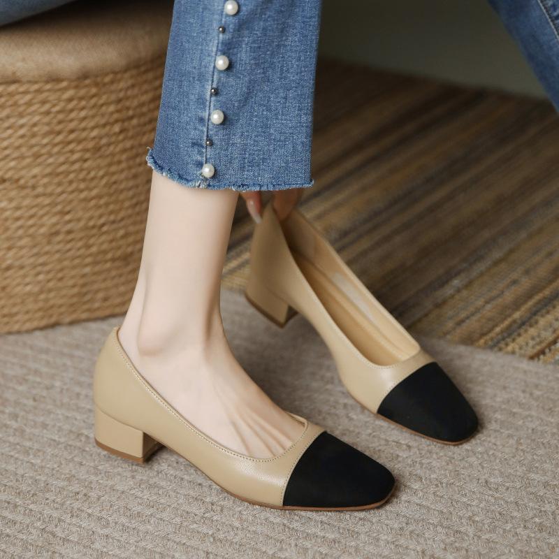 Xiaoxiangfeng single shoes 2025 color matching versatile light mouth spring women's shoes new thick heel low heel Korean version grandma shoes