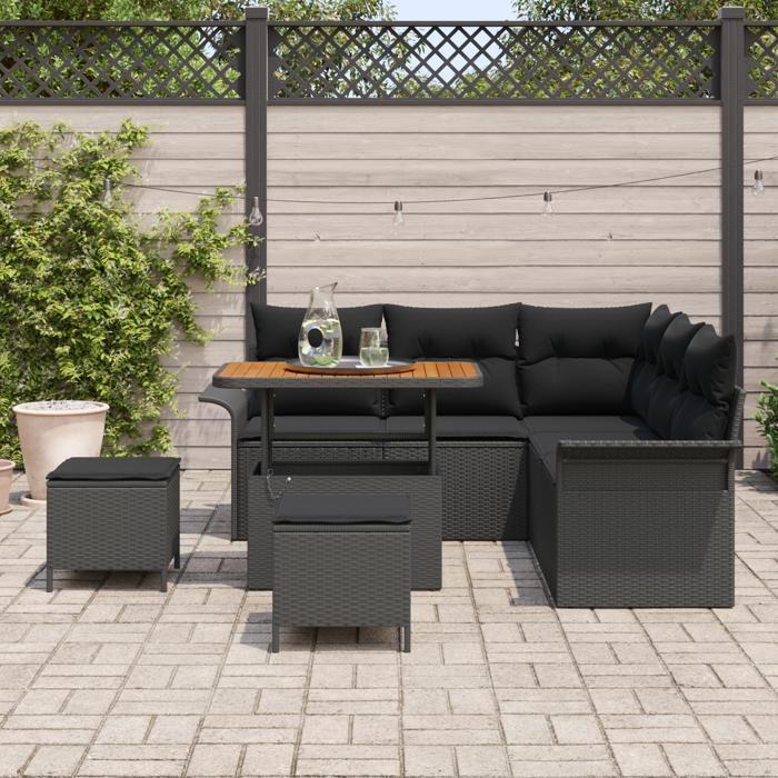 Ensemble de Canapés de Jardin 8 pièces avec Coussins Rattan Poly Noir Acacia, Canapé de Jardin 2 Places avec Coussins Rattan 3362134