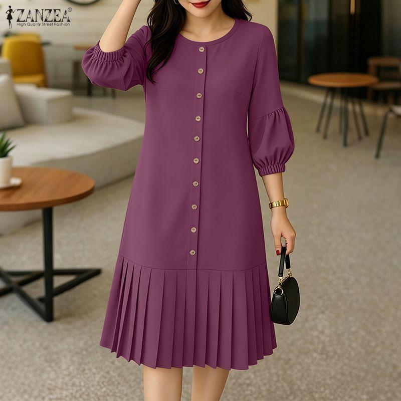 ZANZEA Women Casual Round Neck 3/4 Sleeve Loose Pleated Dress S фиолетовый
