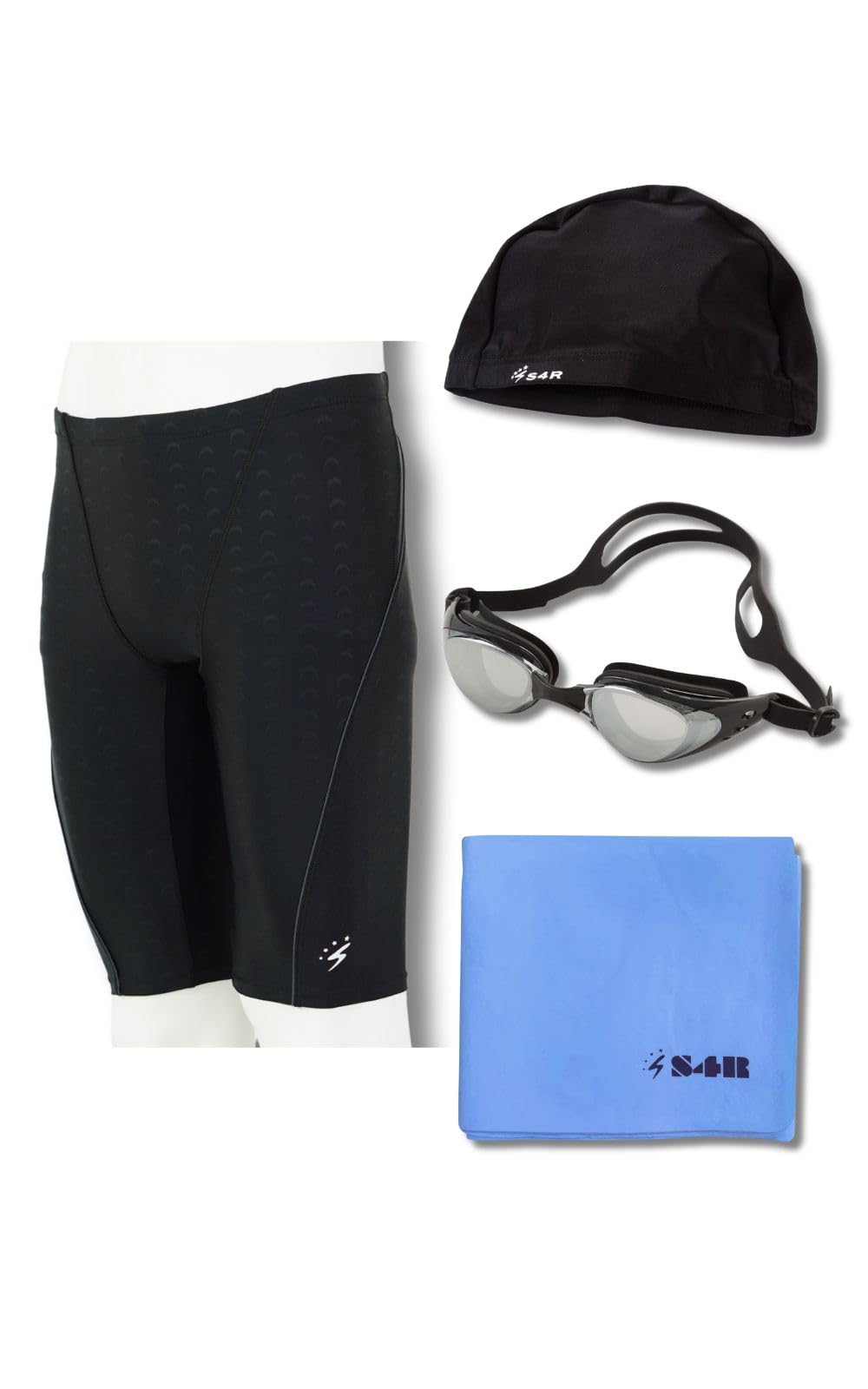 

S4R 2025 Swimsuit Starter Competitive Swim Swim Chamois Great Value Men s 4-Piece Kit Swimsuit, Cap, Goggles, Towel, Anti-Fog, Quick-Drying Towel, серый
