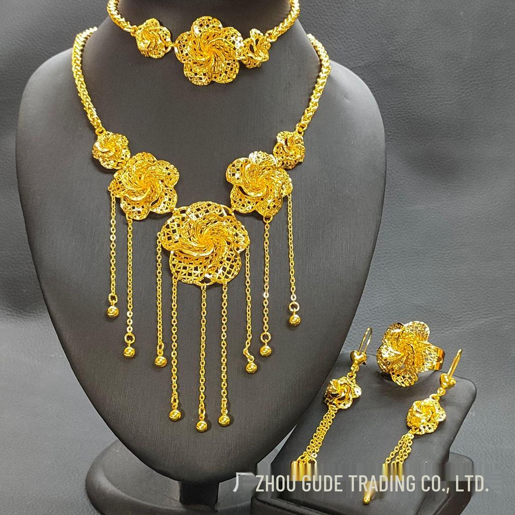 2023 Bestselling 24k Gold Flower Tassel Jewelry Set: Women's Necklace, Earrings, Bracelet & Ring for Weddings