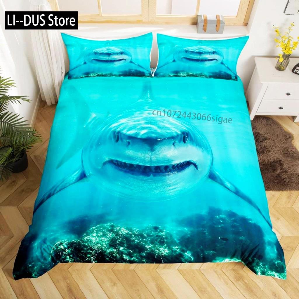 Shark Duvet Cover Set Deep Sea Animal Bedding Set Cartoon Ocean Sharks Colourful Hand Drawn Comforter Cover For Kids Boys Girls