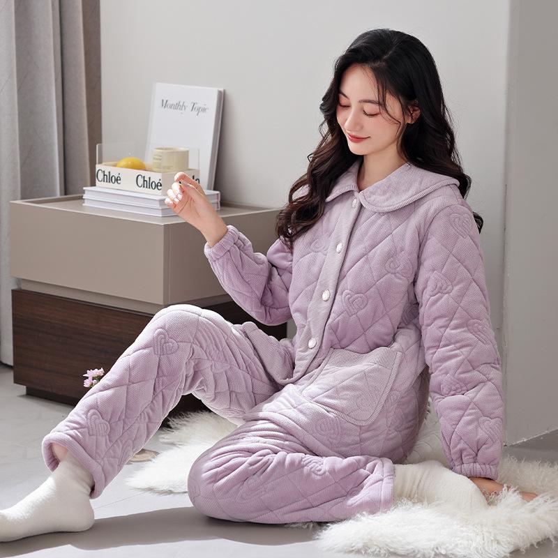 Pajamas Women'S Autumn And Winter Fleece Coral Fleece Winter Three-Layer Thin Cotton-Padded Warm Loungewear Set