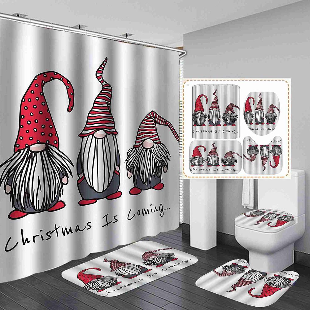 Merry Christmas Bathroom 4Pcs Set Snowman Santa Claus Pattern Waterproof Shower Curtain Toilet Cover Mat Non Slip Rug Home Decor