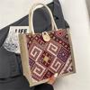 Ethnic Linen Canvas Handbag for Women, Fashionable Grocery Tote, Retro Picnic Shoulder Bag with Buckle Closure, Large Capacity Shopping Bag