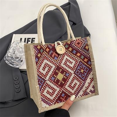 Ethnic Linen Canvas Handbag for Women, Fashionable Grocery Tote, Retro Picnic Shoulder Bag with Buckle Closure, Large Capacity Shopping Bag