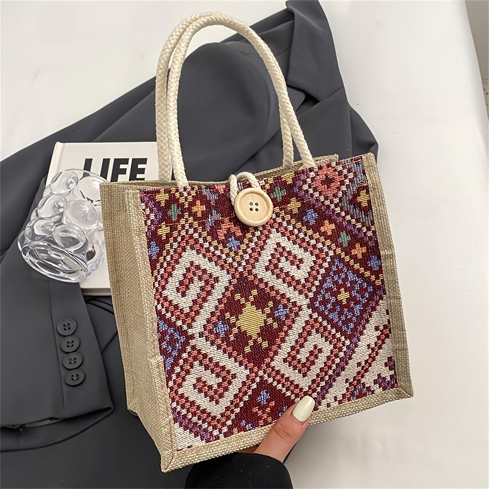 Ethnic Linen Canvas Handbag for Women, Fashionable Grocery Tote, Retro Picnic Shoulder Bag with Buckle Closure, Large Capacity Shopping Bag