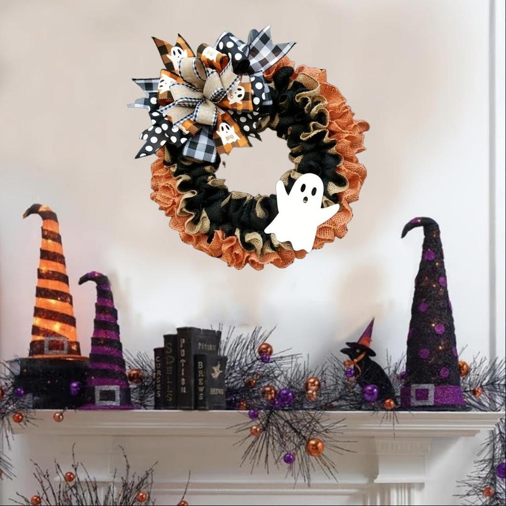 Haobei Halloween Burlap Bow Ghost Wreath for Front Door - New Christmas Decoration