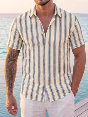 Herren Hawaii Hemd Lässig Urlaubs Gestreift Knopfleiste Kurzarm