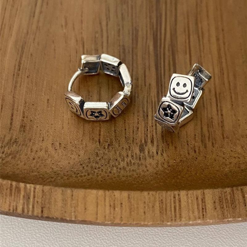 Korean version square star smiley face earrings women s retro fashion Korean version temperament S silver needle ear buckle niche earrings