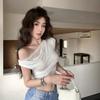 French Lace Off-shoulder Waist and Thin T-shirt Women's Summer New Design Sense Chic Pleated Niche Short Top