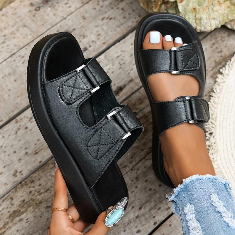 Fashion 2025 Fashion Hook Loop Platform Slippers Women Summer Thick Bottm Pu Leather Sandals Woman Comfortable Non Slip Beach Sandles 43
