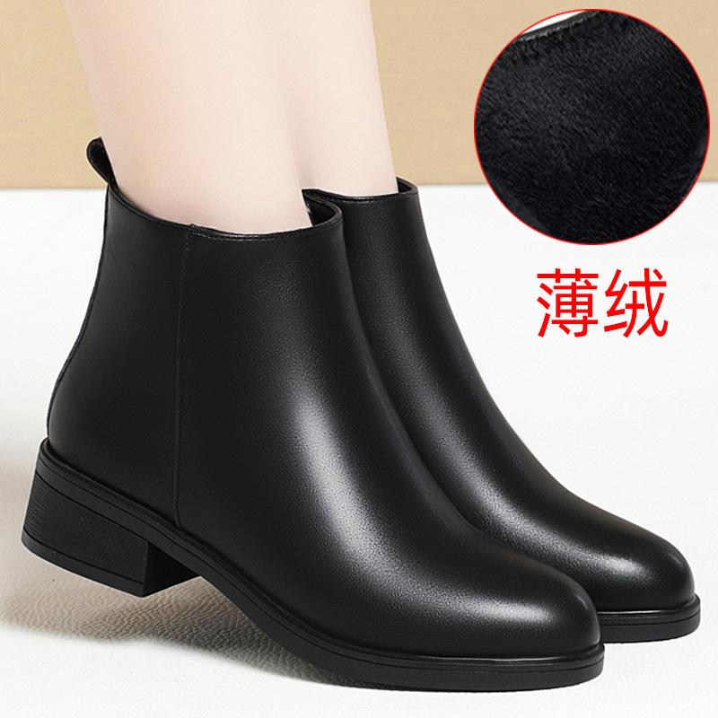 Winter Medium Heel Women's Short Boots Black Velvet Work Shoes Thick Heel, Martin Boots Professional Women's Shoes Soft Leather Cotton Shoes