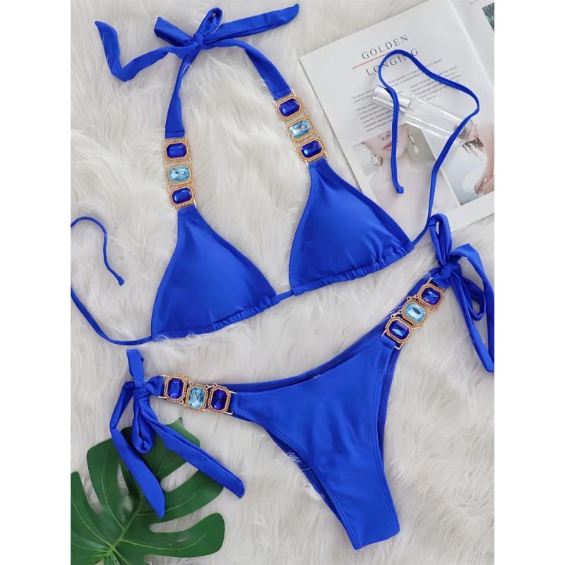 Sexy Rhinestone Bikini Set Women 2025 Luxury Pink Crystal Diamond Push Up Bandage Thong Swimsuit Beach Bathing Suit Swimwear